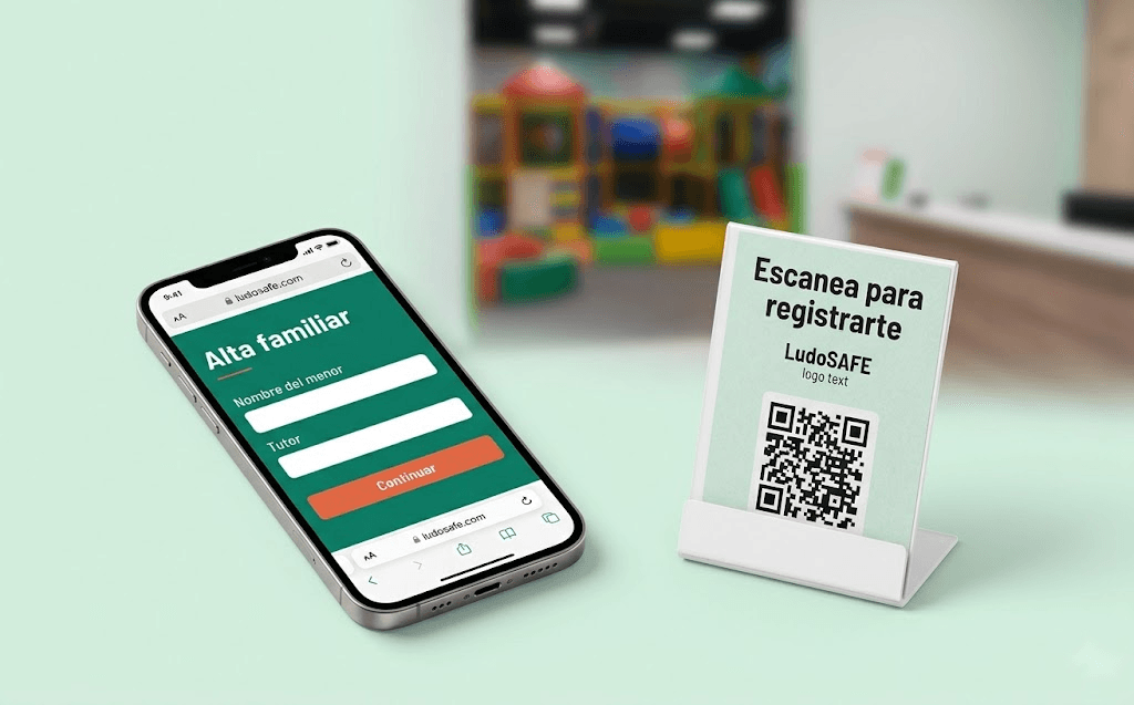 Móvil con formulario de alta familiar LudoSAFE y cartel con código QR en mostrador de parque infantil